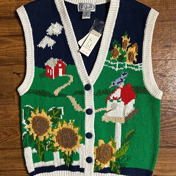 P’ Galli Designs~Blue/Green Medium Vest W/Sunflower & Barn Scene Embroidery (New - Picture 1 of 14